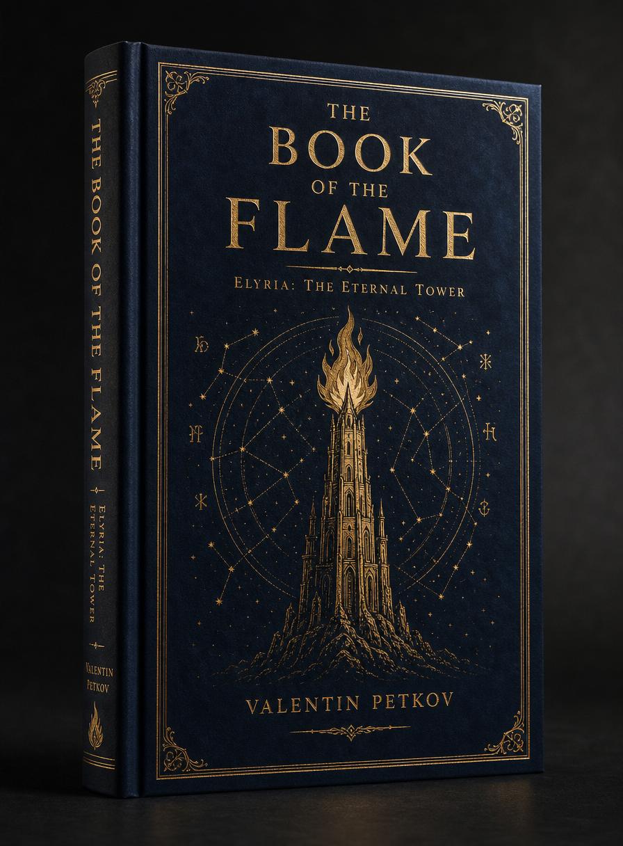 Front cover of The Book of the Flame: Elyria: The Eternal Tower by Valentin Petkov — Fiction · Mythic Fantasy edition published by Val Publishing House