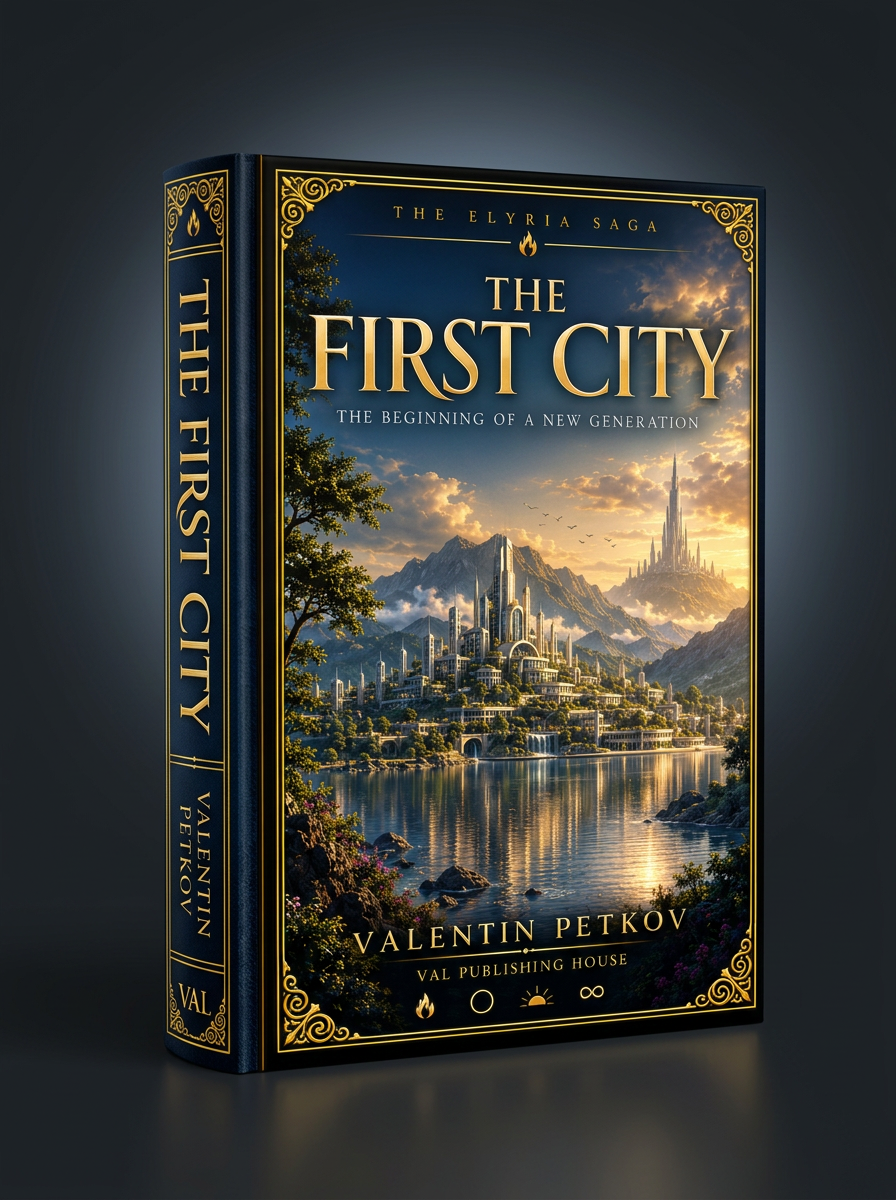 Front cover of The First City by Valentin Petkov — Elyria · The Saga edition published by Val Publishing House