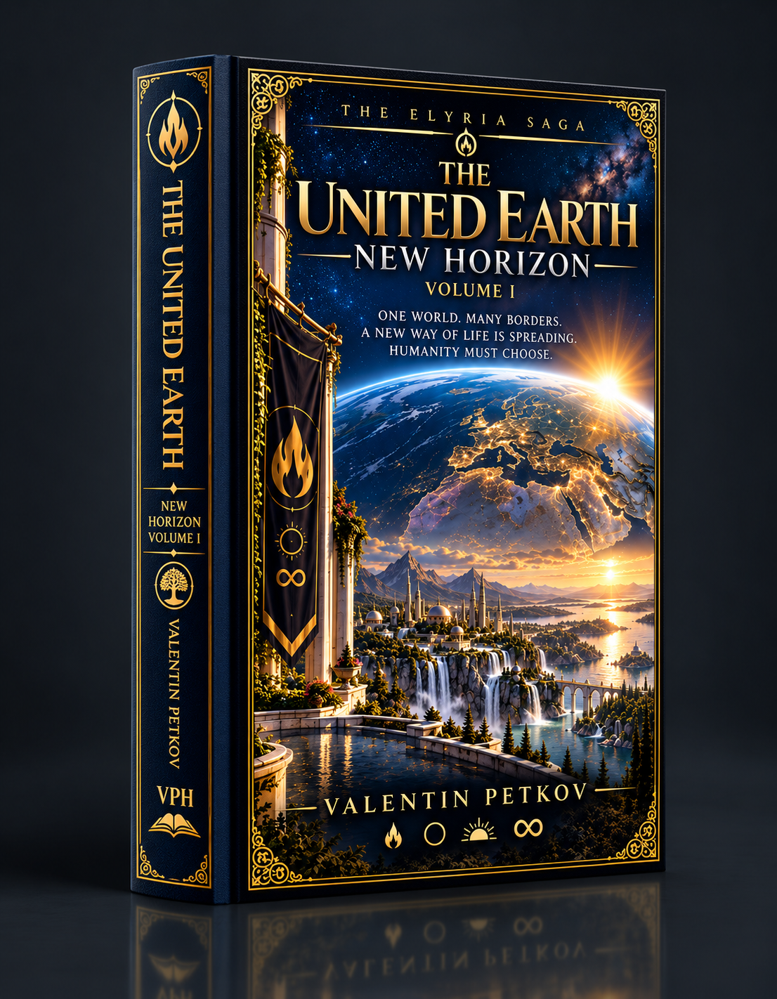 Front cover of The United Earth — New Horizon: Volume I by Valentin Petkov — Elyria · The Saga edition published by Val Publishing House