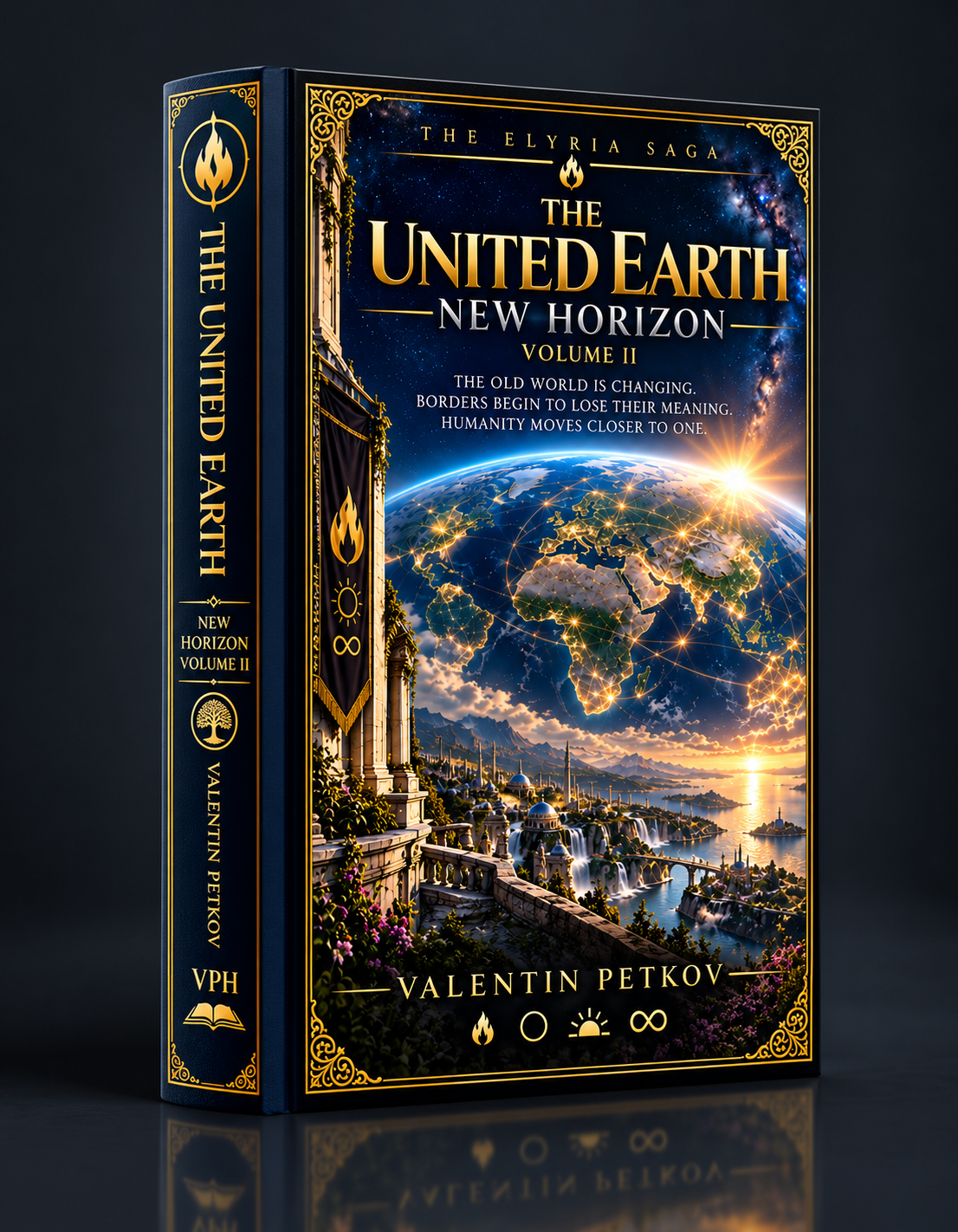 Front cover of The United Earth — New Horizon: Volume II by Valentin Petkov — Elyria · The Saga edition published by Val Publishing House